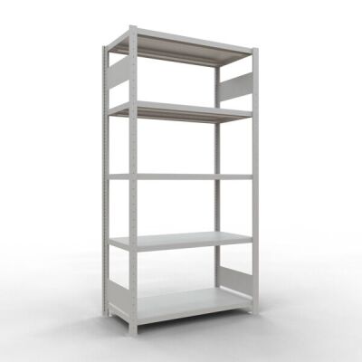 Grundregal, Fachbodenregal Stecksystem MULTIplus330, 2000 x 1000 x 500 mm (HxBxT), 5 Fachböden, Längenriegel, RAL 7035 lichtgrau