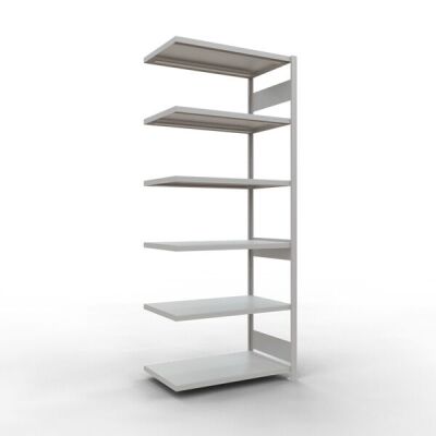 Anbauregal, Fachbodenregal Stecksystem MULTIplus330, 2500 x 1000 x 600 mm (HxBxT), 6 Fachböden, Längenriegel, RAL 7035 lichtgrau