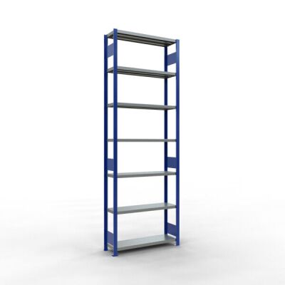 Grundregal, Fachbodenregal Stecksystem MULTIplus330, 3000 x 1000 x 300 mm (HxBxT), 7 Fachböden, Längenriegel, RAL 5010 enzianblau/verzinkt