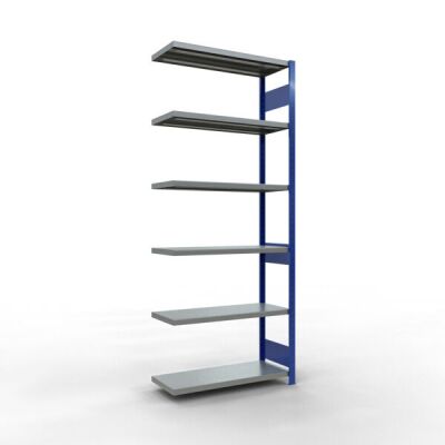 Anbauregal, Fachbodenregal Stecksystem MULTIplus330, 2500 x 1000 x 400 mm (HxBxT), 6 Fachböden, Längenriegel, RAL 5010 enzianblau/verzinkt