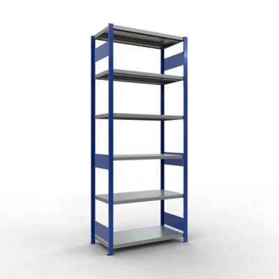 Grundregal, Fachbodenregal Stecksystem MULTIplus330, 2500 x 1000 x 500 mm (HxBxT), 6 Fachböden, Längenriegel, RAL 5010 enzianblau/verzinkt