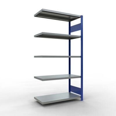 Anbauregal, Fachbodenregal Stecksystem MULTIplus330, 2000 x 1000 x 500 mm (HxBxT), 5 Fachböden, Längenriegel, RAL 5010 enzianblau/verzinkt