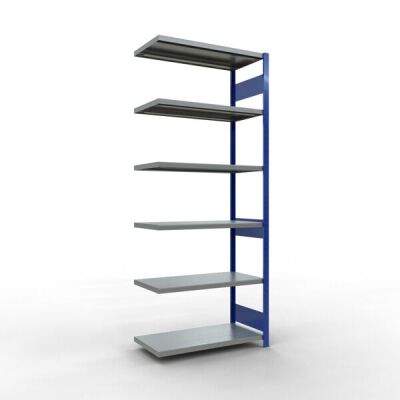 Anbauregal, Fachbodenregal Stecksystem MULTIplus330, 2500 x 1000 x 500 mm (HxBxT), 6 Fachböden, Längenriegel, RAL 5010 enzianblau/verzinkt