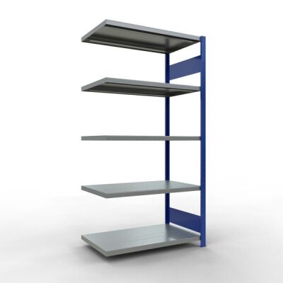 Anbauregal, Fachbodenregal Stecksystem MULTIplus330, 2000 x 1000 x 600 mm (HxBxT), 5 Fachböden, Längenriegel, RAL 5010 enzianblau/verzinkt