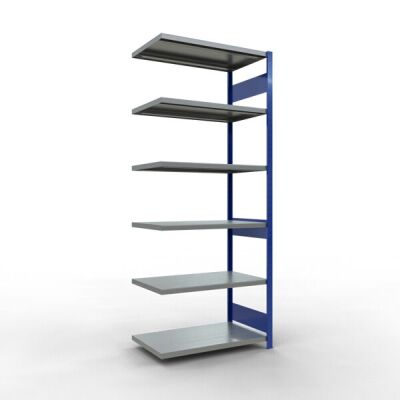 Anbauregal, Fachbodenregal Stecksystem MULTIplus330, 2500 x 1000 x 600 mm (HxBxT), 6 Fachböden, Längenriegel, RAL 5010 enzianblau/verzinkt