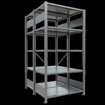 Grundregal, Doppelregal, Fachbodenregal Stecksystem MULTIplus150, 2000 x 1000 x (2x600) mm (HxBxT), 2x5 Fachböden, Kreuzstrebe, verzinkt