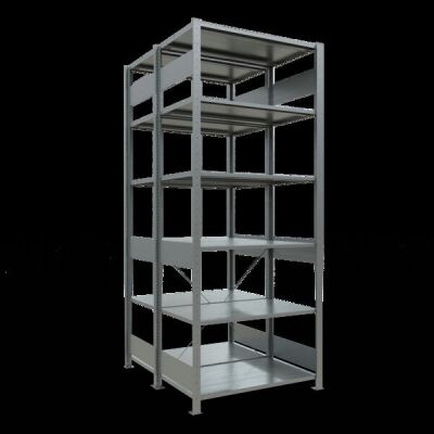 Grundregal, Doppelregal, Fachbodenregal Stecksystem MULTIplus150, 2500 x 1000 x (2x600) mm (HxBxT), 2x6 Fachböden, Kreuzstrebe, verzinkt