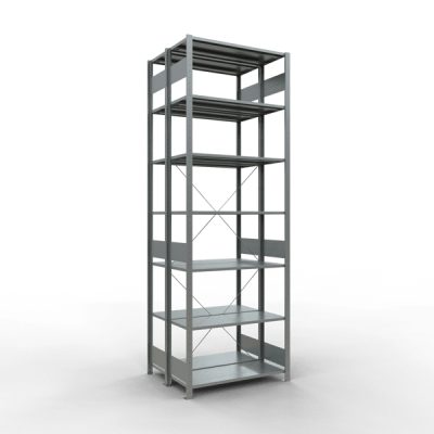 Grundregal, Doppelregal, Fachbodenregal Stecksystem MULTIplus150, 3000 x 1000 x (2x400) mm (HxBxT), 2x7 Fachböden, Kreuzstrebe, verzinkt