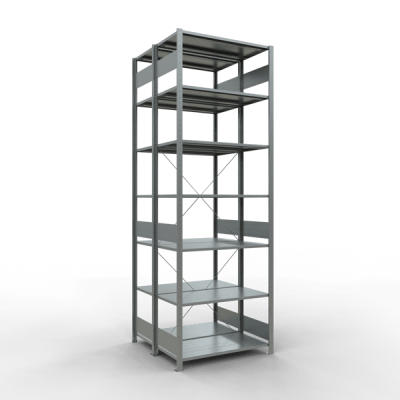 Grundregal, Doppelregal, Fachbodenregal Stecksystem MULTIplus150, 3000 x 1000 x (2x500) mm (HxBxT), 2x7 Fachböden, Kreuzstrebe, verzinkt