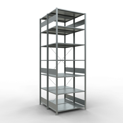 Grundregal, Doppelregal, Fachbodenregal Stecksystem MULTIplus150, 3000 x 1000 x (2x600) mm (HxBxT), 2x7 Fachböden, Kreuzstrebe, verzinkt