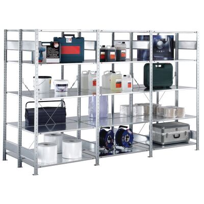 Anbauregal, Doppelregal, Fachbodenregal Stecksystem MULTIplus150, 3000 x 1000 x (2x400) mm (HxBxT), 2x7 Fachböden, Kreuzstrebe, verzinkt