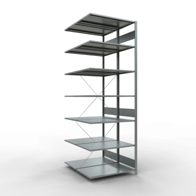Anbauregal, Doppelregal, Fachbodenregal Stecksystem MULTIplus150, 3000 x 1000 x (2x600) mm (HxBxT), 2x7 Fachböden, Kreuzstrebe, verzinkt