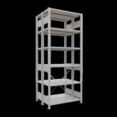 Grundregal, Doppelregal, Fachbodenregal Stecksystem MULTIplus150, 2500 x 1000 x (2x400) mm (HxBxT), 2x6 Fachböden, Kreuzstrebe, RAL 7035 lichtgrau