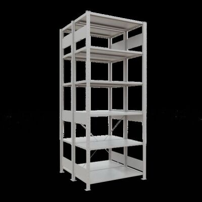 Grundregal, Doppelregal, Fachbodenregal Stecksystem MULTIplus150, 2500 x 1000 x (2x500) mm (HxBxT), 2x6 Fachböden, Kreuzstrebe, RAL 7035 lichtgrau