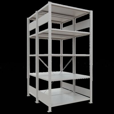 Grundregal, Doppelregal, Fachbodenregal Stecksystem MULTIplus150, 2000 x 1000 x (2x600) mm (HxBxT), 2x5 Fachböden, Kreuzstrebe, RAL 7035 lichtgrau