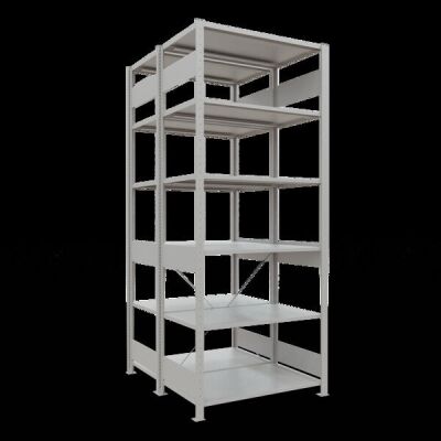 Grundregal, Doppelregal, Fachbodenregal Stecksystem MULTIplus150, 2500 x 1000 x (2x600) mm (HxBxT), 2x6 Fachböden, Kreuzstrebe, RAL 7035 lichtgrau