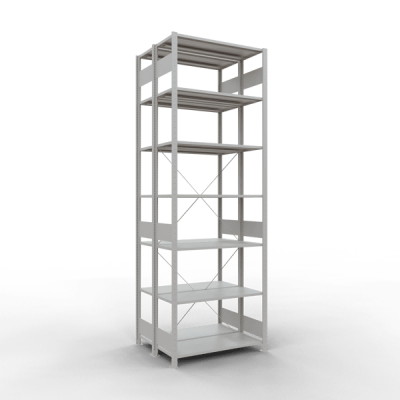 Grundregal, Doppelregal, Fachbodenregal Stecksystem MULTIplus150, 3000 x 1000 x (2x400) mm (HxBxT), 2x7 Fachböden, Kreuzstrebe, RAL 7035 lichtgrau