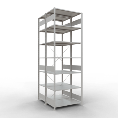 Grundregal, Doppelregal, Fachbodenregal Stecksystem MULTIplus150, 3000 x 1000 x (2x600) mm (HxBxT), 2x7 Fachböden, Kreuzstrebe, RAL 7035 lichtgrau