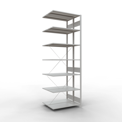 Anbauregal, Doppelregal, Fachbodenregal Stecksystem MULTIplus150, 3000 x 1000 x (2x400) mm (HxBxT), 2x7 Fachböden, Kreuzstrebe, RAL 7035 lichtgrau