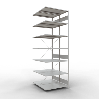 Anbauregal, Doppelregal, Fachbodenregal Stecksystem MULTIplus150, 3000 x 1000 x (2x600) mm (HxBxT), 2x7 Fachböden, Kreuzstrebe, RAL 7035 lichtgrau