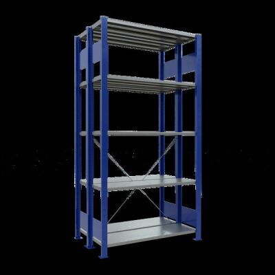 Grundregal, Doppelregal, Fachbodenregal Stecksystem MULTIplus150, 2000 x 1000 x (2x300) mm (HxBxT), 2x5 Fachböden, Kreuzstrebe, RAL 5010 enzianblau/verzinkt