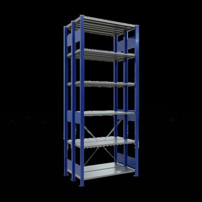 Grundregal, Doppelregal, Fachbodenregal Stecksystem MULTIplus150, 2500 x 1000 x (2x300) mm (HxBxT), 2x6 Fachböden, Kreuzstrebe, RAL 5010 enzianblau/verzinkt