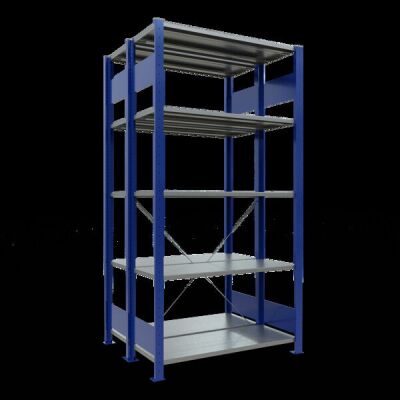 Grundregal, Doppelregal, Fachbodenregal Stecksystem MULTIplus150, 2000 x 1000 x (2x400) mm (HxBxT), 2x5 Fachböden, Kreuzstrebe, RAL 5010 enzianblau/verzinkt