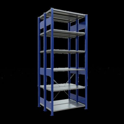 Grundregal, Doppelregal, Fachbodenregal Stecksystem MULTIplus150, 2500 x 1000 x (2x400) mm (HxBxT), 2x6 Fachböden, Kreuzstrebe, RAL 5010 enzianblau/verzinkt