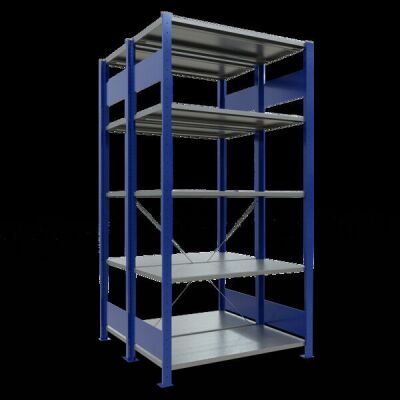 Grundregal, Doppelregal, Fachbodenregal Stecksystem MULTIplus150, 2000 x 1000 x (2x500) mm (HxBxT), 2x5 Fachböden, Kreuzstrebe, RAL 5010 enzianblau/verzinkt