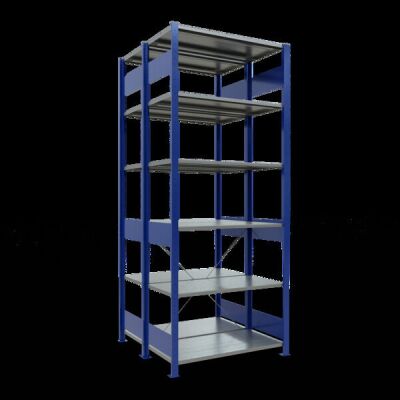Grundregal, Doppelregal, Fachbodenregal Stecksystem MULTIplus150, 2500 x 1000 x (2x500) mm (HxBxT), 2x6 Fachböden, Kreuzstrebe, RAL 5010 enzianblau/verzinkt