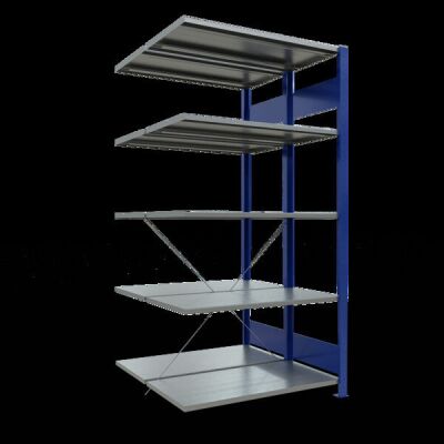 Anbauregal, Doppelregal, Fachbodenregal Stecksystem MULTIplus150, 2000 x 1000 x (2x500) mm (HxBxT), 2x5 Fachböden, Kreuzstrebe, RAL 5010 enzianblau/verzinkt