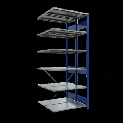 Anbauregal, Doppelregal, Fachbodenregal Stecksystem MULTIplus150, 2500 x 1000 x (2x500) mm (HxBxT), 2x6 Fachböden, Kreuzstrebe, RAL 5010 enzianblau/verzinkt