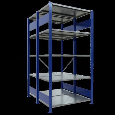 Grundregal, Doppelregal, Fachbodenregal Stecksystem MULTIplus150, 2000 x 1000 x (2x600) mm (HxBxT), 2x5 Fachböden, Kreuzstrebe, RAL 5010 enzianblau/verzinkt