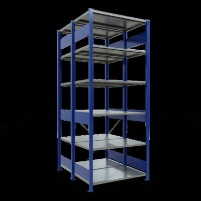 Grundregal, Doppelregal, Fachbodenregal Stecksystem MULTIplus150, 2500 x 1000 x (2x600) mm (HxBxT), 2x6 Fachböden, Kreuzstrebe, RAL 5010 enzianblau/verzinkt
