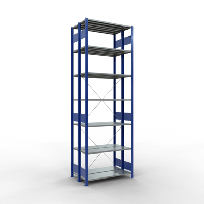 Grundregal, Doppelregal, Fachbodenregal Stecksystem MULTIplus150, 3000 x 1000 x (2x300) mm (HxBxT), 2x7 Fachböden, Kreuzstrebe, RAL 5010 enzianblau/verzinkt