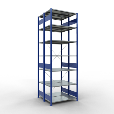 Grundregal, Doppelregal, Fachbodenregal Stecksystem MULTIplus150, 3000 x 1000 x (2x500) mm (HxBxT), 2x7 Fachböden, Kreuzstrebe, RAL 5010 enzianblau/verzinkt