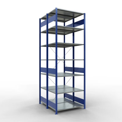 Grundregal, Doppelregal, Fachbodenregal Stecksystem MULTIplus150, 3000 x 1000 x (2x600) mm (HxBxT), 2x7 Fachböden, Kreuzstrebe, RAL 5010 enzianblau/verzinkt