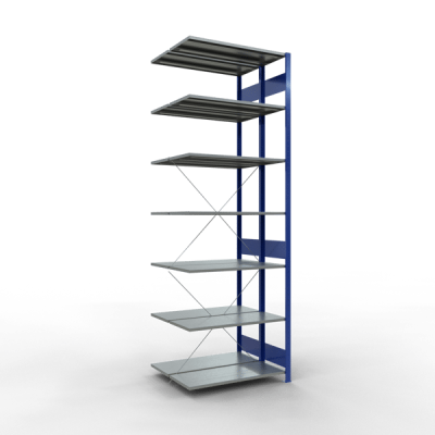 Anbauregal, Doppelregal, Fachbodenregal Stecksystem MULTIplus150, 3000 x 1000 x (2x400) mm (HxBxT), 2x7 Fachböden, Kreuzstrebe, RAL 5010 enzianblau/verzinkt
