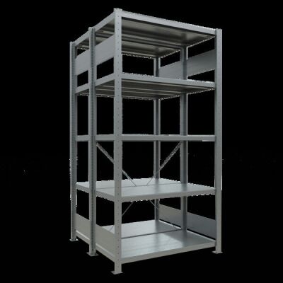 Grundregal, Doppelregal, Fachbodenregal Stecksystem MULTIplus250, 2000 x 1000 x (2x500) mm (HxBxT), 2x5 Fachböden, Kreuzstrebe, verzinkt