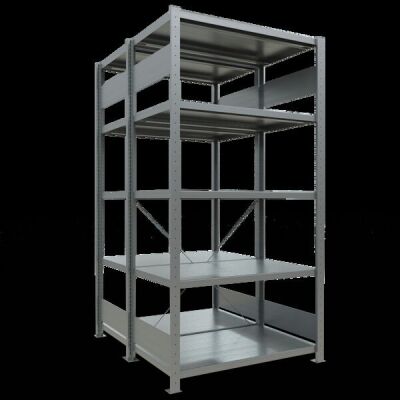 Grundregal, Doppelregal, Fachbodenregal Stecksystem MULTIplus250, 2000 x 1000 x (2x600) mm (HxBxT), 2x5 Fachböden, Kreuzstrebe, verzinkt