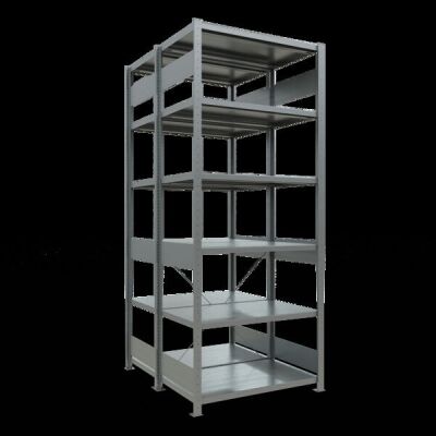 Grundregal, Doppelregal, Fachbodenregal Stecksystem MULTIplus250, 2500 x 1000 x (2x600) mm (HxBxT), 2x6 Fachböden, Kreuzstrebe, verzinkt