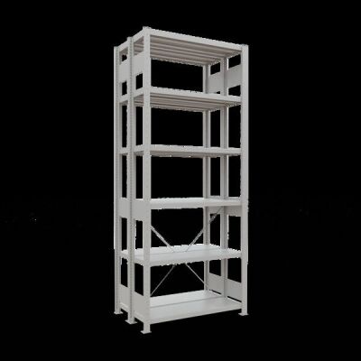 Grundregal, Doppelregal, Fachbodenregal Stecksystem MULTIplus250, 2500 x 1000 x (2x300) mm (HxBxT), 2x6 Fachböden, Kreuzstrebe, RAL 7035 lichtgrau