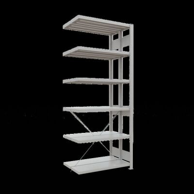 Anbauregal, Doppelregal, Fachbodenregal Stecksystem MULTIplus250, 2500 x 1000 x (2x300) mm (HxBxT), 2x6 Fachböden, Kreuzstrebe, RAL 7035 lichtgrau