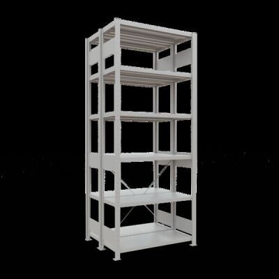 Grundregal, Doppelregal, Fachbodenregal Stecksystem MULTIplus250, 2500 x 1000 x (2x400) mm (HxBxT), 2x6 Fachböden, Kreuzstrebe, RAL 7035 lichtgrau