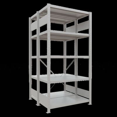 Grundregal, Doppelregal, Fachbodenregal Stecksystem MULTIplus250, 2000 x 1000 x (2x500) mm (HxBxT), 2x5 Fachböden, Kreuzstrebe, RAL 7035 lichtgrau