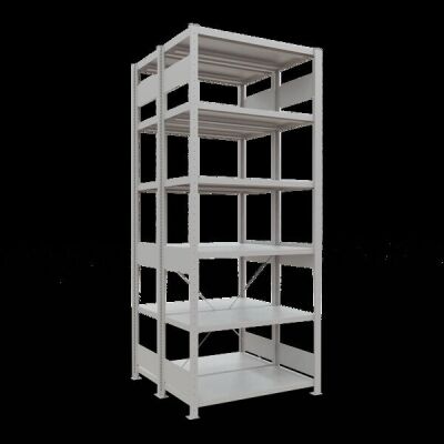 Grundregal, Doppelregal, Fachbodenregal Stecksystem MULTIplus250, 2500 x 1000 x (2x500) mm (HxBxT), 2x6 Fachböden, Kreuzstrebe, RAL 7035 lichtgrau