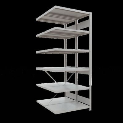 Anbauregal, Doppelregal, Fachbodenregal Stecksystem MULTIplus250, 2500 x 1000 x (2x600) mm (HxBxT), 2x6 Fachböden, Kreuzstrebe, RAL 7035 lichtgrau