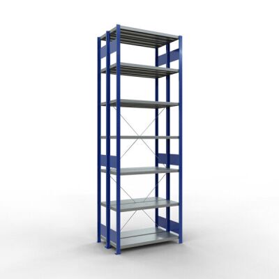 Grundregal, Doppelregal, Fachbodenregal Stecksystem MULTIplus250, 3000 x 1000 x (2x300) mm (HxBxT), 2x7 Fachböden, Kreuzstrebe, RAL 7035 lichtgrau