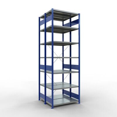 Grundregal, Doppelregal, Fachbodenregal Stecksystem MULTIplus250, 3000 x 1000 x (2x500) mm (HxBxT), 2x7 Fachböden, Kreuzstrebe, RAL 7035 lichtgrau