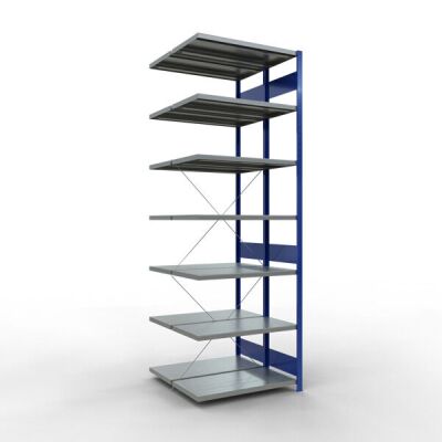 Anbauregal, Doppelregal, Fachbodenregal Stecksystem MULTIplus250, 3000 x 1000 x (2x500) mm (HxBxT), 2x7 Fachböden, Kreuzstrebe, RAL 7035 lichtgrau